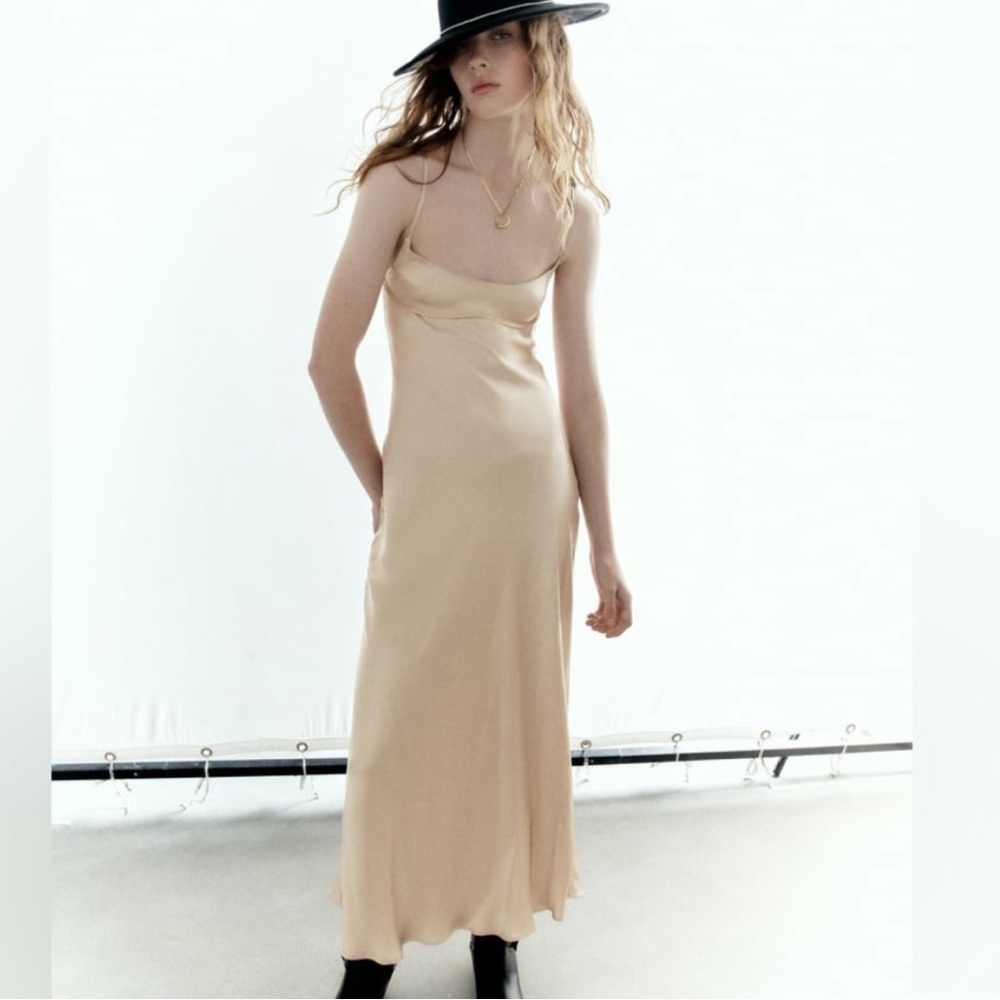 Zara Beige Satin Slip Dress - Picture 2 of 8